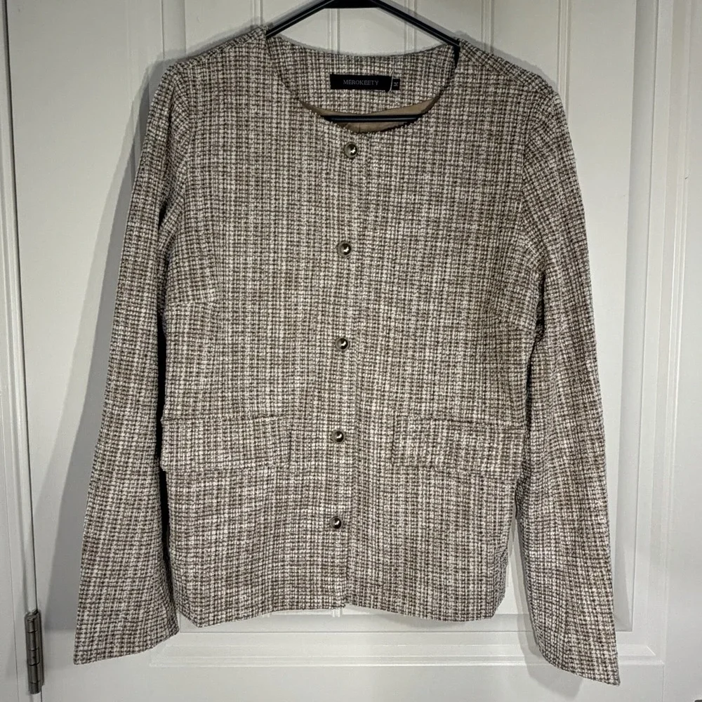 Merokeety Tweed Textured‎ Button Jacket Women's M Neutral Lightweight Blazer